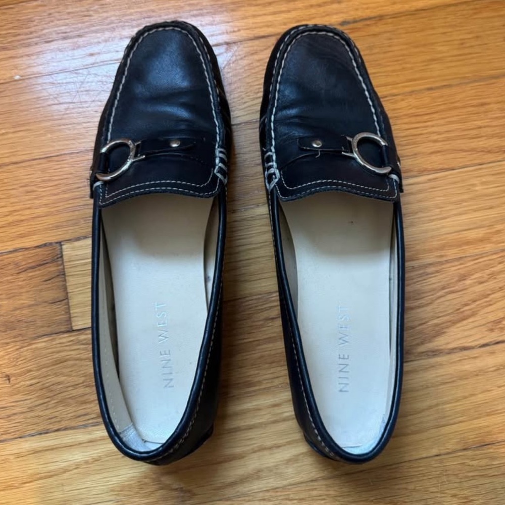 Nine West Black Leather Loafers with Silver Buckle